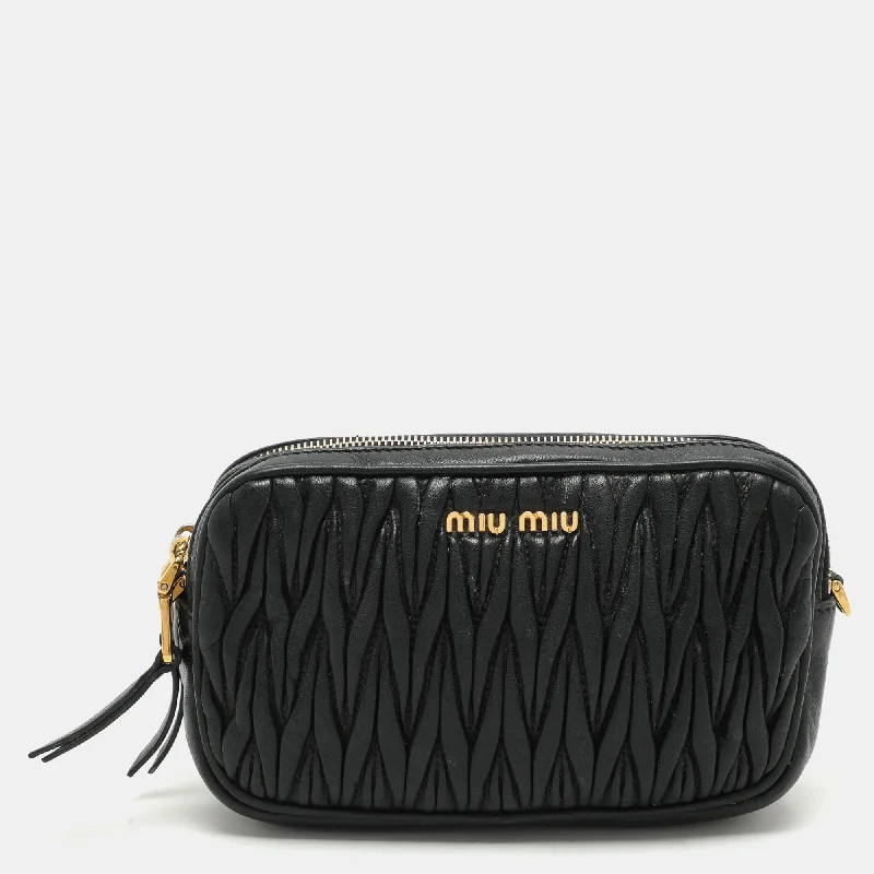 Women's bags with faux leather finish and multiple pockets for maximum organization-Miu Miu Black Matelasse Leather Camera Crossbody Bag