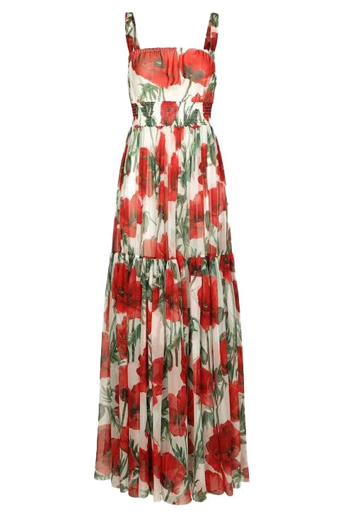 Tiered Dresses for Voluminous -Long Printed Chiffon Dress