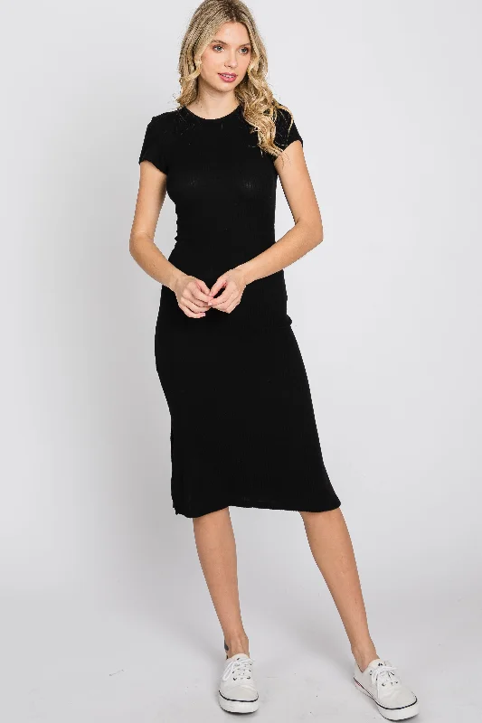 Sequined Dresses for Sparkle -Black Brushed Ribbed Midi Dress