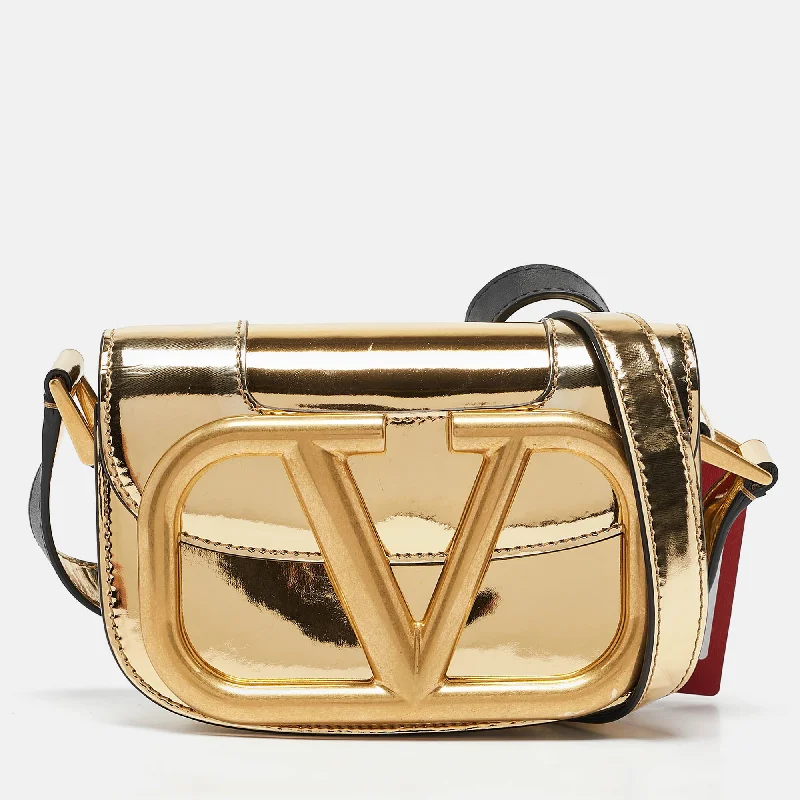 Lightweight women's bags with soft material and easy-to-carry design for convenience-Valentino Gold Patent Leather Small Supervee Crossbody Bag