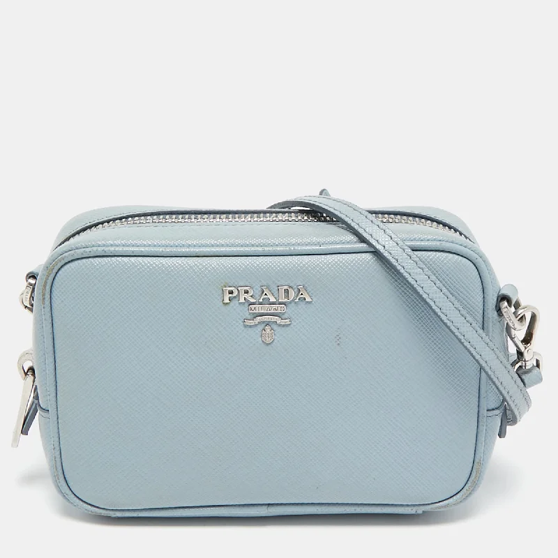 Women's bags with top handle and shoulder strap for versatile carrying options-Prada Light Blue Saffiano Lux Leather Mini Camera Crossbody Bag