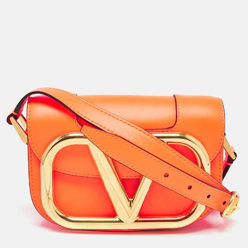 Elegant women's bags with fold-over flap and gold hardware for a polished finish-Valentino Neon Orange Leather Small Supervee Crossbody Bag