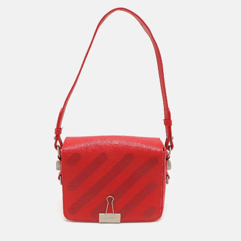 Trendy women's bags with faux fur details and compact size for trendy fashion-Off-White Red Diagonal Striped Leather Flap Crossbody Bag