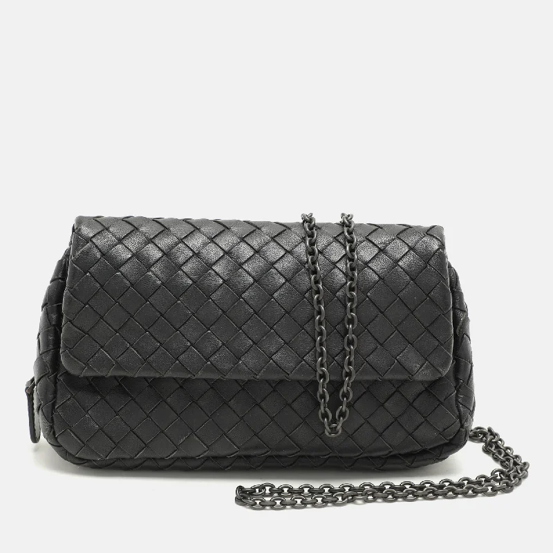 Women's bags with anti-theft design and hidden zippers for added security-Bottega Veneta Black Intrecciato Leather Flap Chain Crossbody Bag