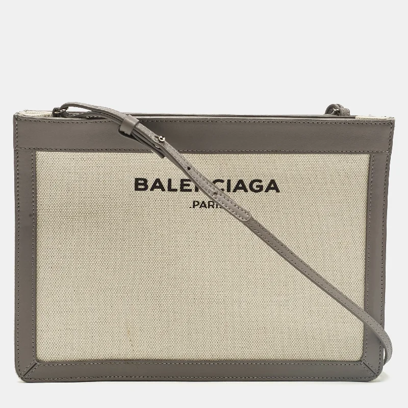 Women's bags with large compartments and adjustable straps for daily convenience and comfort-Balenciaga Grey Canvas And Leather Pochette Crossbody Bag