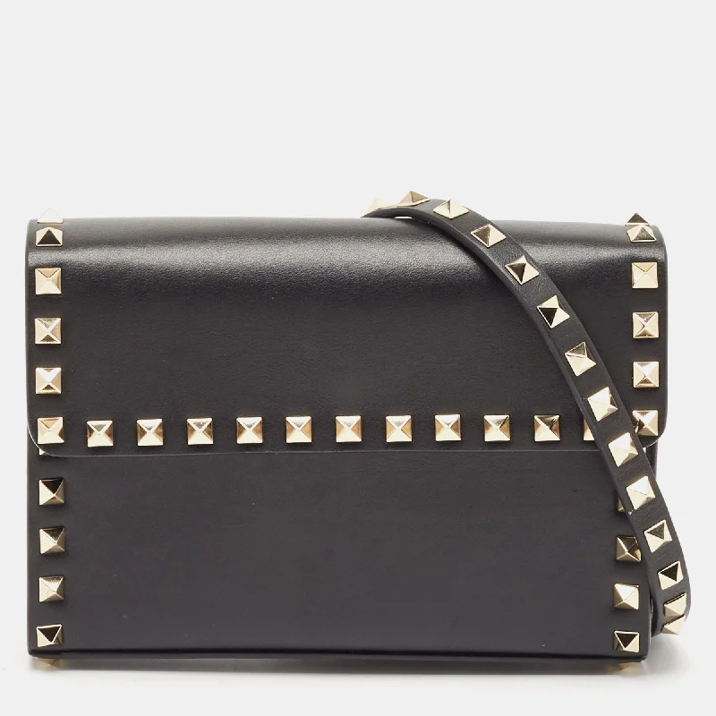 Women's bags with anti-theft design and hidden zippers for added security-Valentino Black Leather Small Rockstud Flap Crossbody Bag