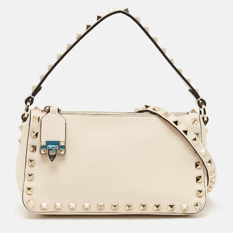 Fashionable women's bags with leather straps and contrast stitching for a modern look-Valentino Light Ivory Leather Small Rockstud Crossbody Bag