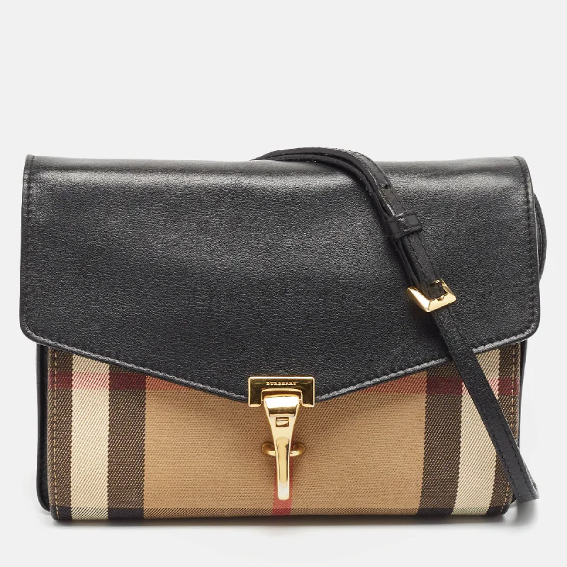 Women's bags with top handle and shoulder strap for versatile carrying options-Burberry Black House Check Fabric And Leather Small Macken Crossbody Bag