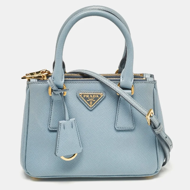 Women's bags with padded straps and sleek finish for comfort and style-Prada Light Blue Saffiano Lux Leather Mini Double Zip Crossbody Bag