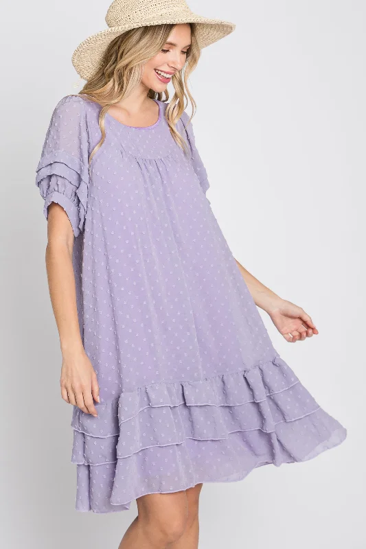 Beach Dresses for Coastal -Lavender Chiffon Swiss Dot Ruffle Hem Midi Dress