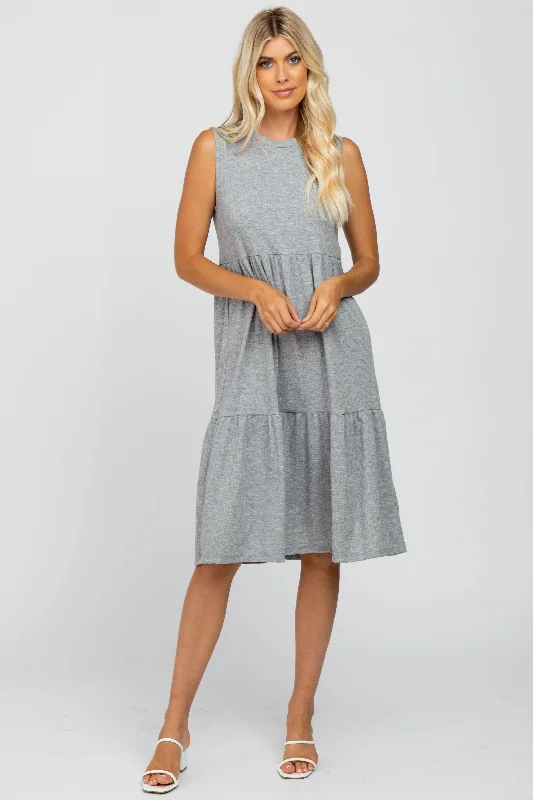 Sundress Dresses for Sunny -Heather Grey Ribbed Sleeveless Midi Dress