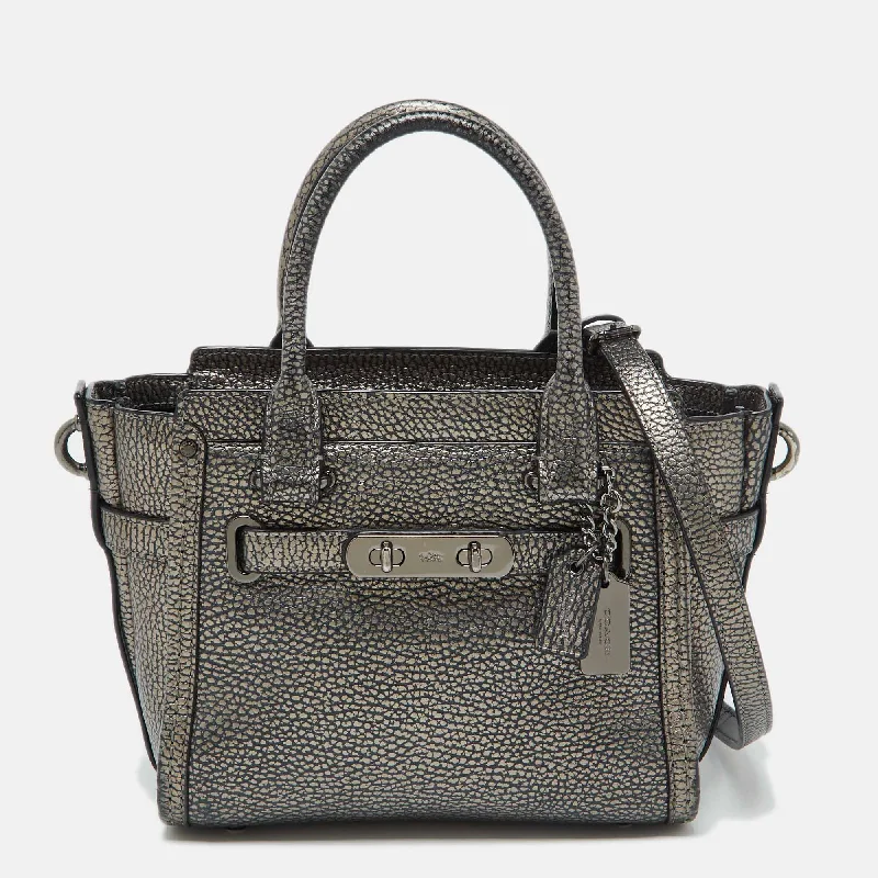 Women's bags with adjustable shoulder straps and multiple compartments for convenience-Coach Metallic Grey Leather Swagger 20 Crossbody Bag