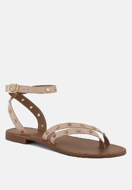 Bohemian sandals for women with fringe details and natural material accents-OPRAH Studs Embellished Flat Sandals in Beige