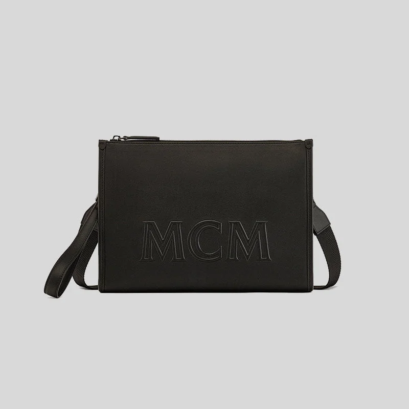 Women's bags with floral embroidery and soft leather for boho-inspired looks-MCM Aren Crossbody Pouch in Spanish Calf Leather Black RS-MMRDATA03BK001