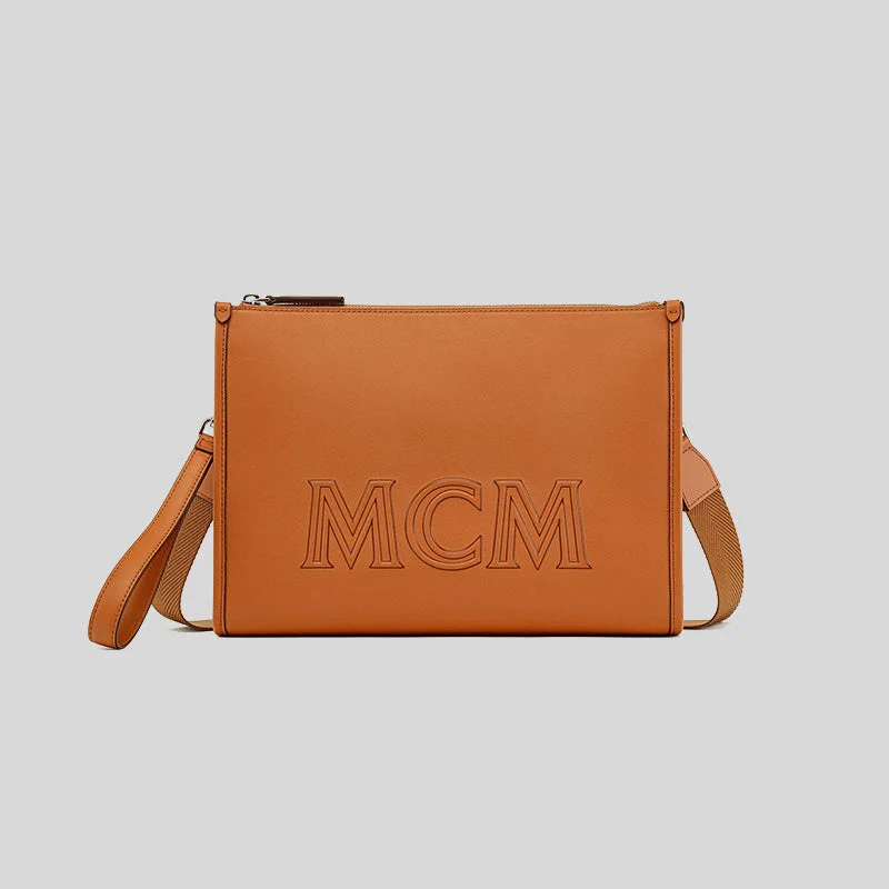 Classic women's bags with structured design and polished finish for office wear-MCM Aren Crossbody Pouch in Spanish Calf Leather Cognac RS-MMRDATA03CO001