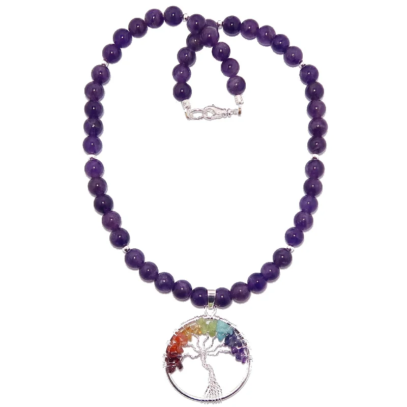 Necklaces and pendants with leaf-shaped designs for an earthy, organic feel-Amethyst Necklace Chakra Tree of Life Rainbow Stones