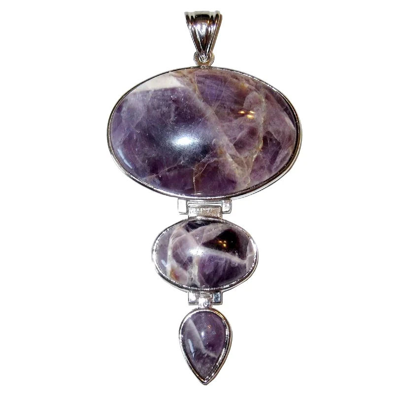 Necklaces and pendants with matching rings for a coordinated set of jewelry-Amethyst Pendant Big Enlightenment Triple Gem Silver