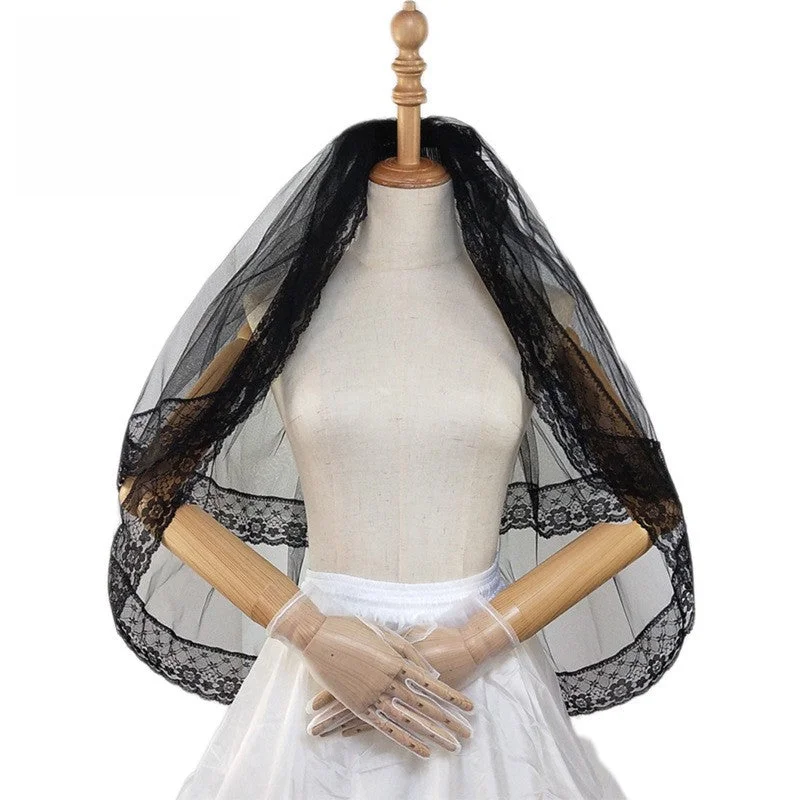 Necklaces and pendants with enamel accents for a colorful, eye-catching appearance-Black double lace veil    600937137939