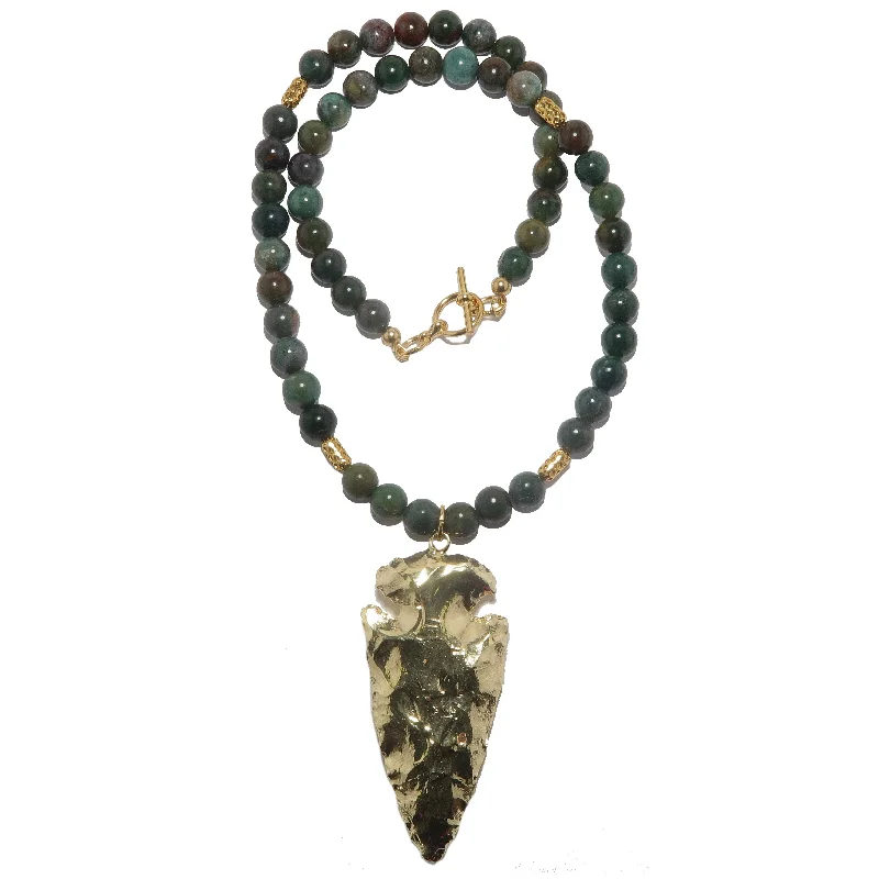 Unique necklaces and pendants with vintage-inspired designs for timeless appeal-Bloodstone Necklace Brave Soul Gold Arrowhead