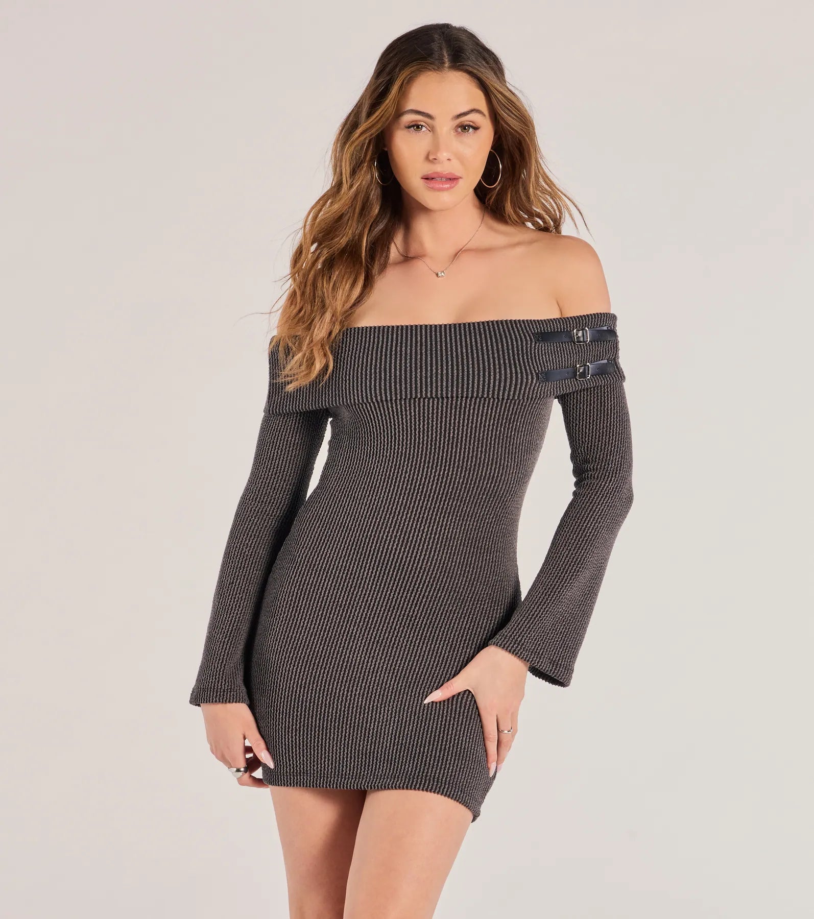 Beautiful necklaces and pendants with diamond-encrusted designs for maximum sparkle-Buckled Beauty Off-The-Shoulder Knit Mini Dress