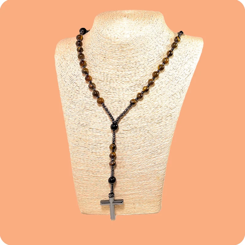 Necklaces and pendants with geometric pendants for a clean, contemporary design-Natural Black Beads Necklace Rosary Cross Lord Savior Hematite Cross Necklace ROSARY