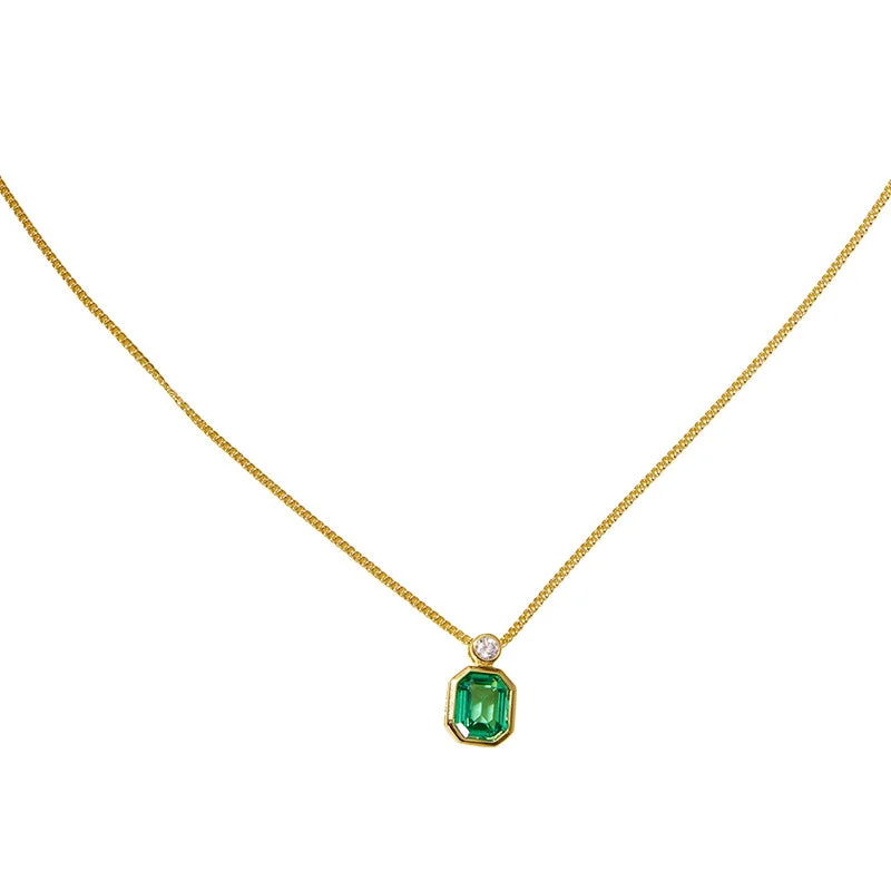 Stunning necklaces and pendants with ruby and diamond combinations for a luxurious effect-Octagonal Green Jewel Necklace S925 silver gold plated square emerald clavicle chain  680207180457