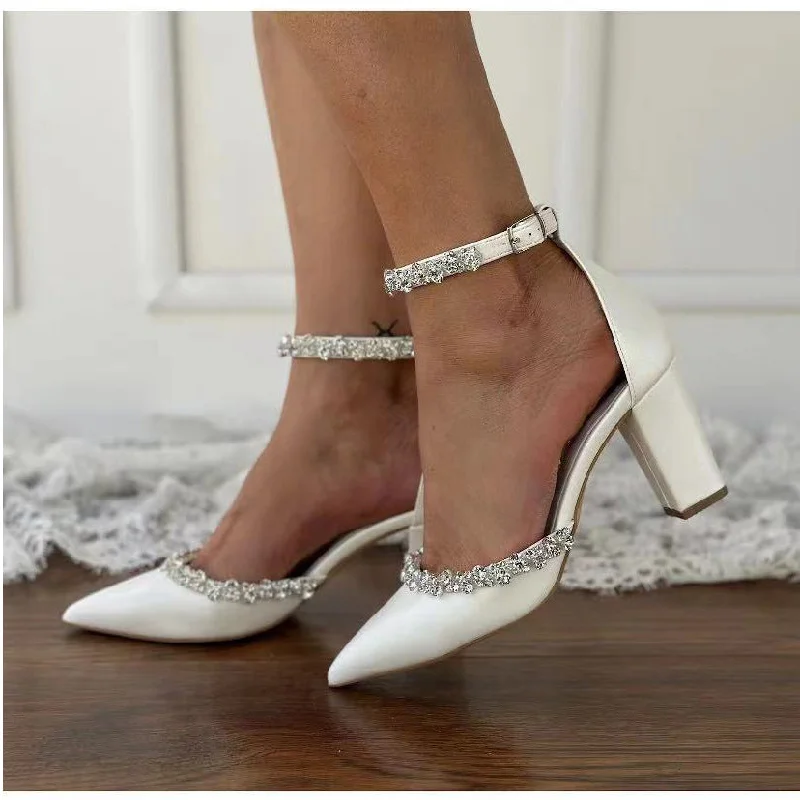 Unique necklaces and pendants with vintage-inspired designs for timeless appeal-Pointy women's thick heel diamond chain big size white wedding shoes 731350490264