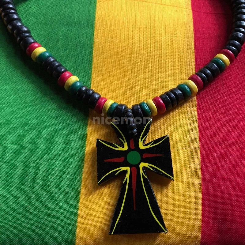 Necklaces and pendants with abstract shapes for a modern, creative appearance-Rasta Ankh Cross Coconut Thick Necklace Rastafari Reggae Jamaica Marley 32" 8 mm