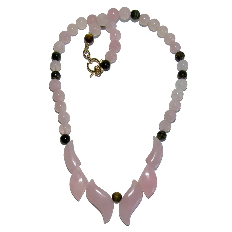 Unique necklaces and pendants with gemstones for a colorful and vibrant statement-Rose Quartz Necklace Tigers Eye Flames of Passion