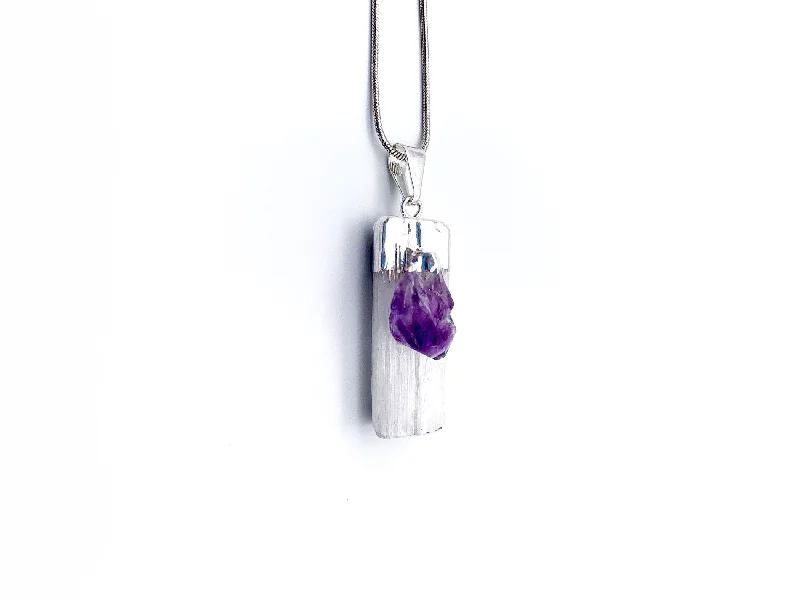 Necklaces and pendants with celestial starburst designs for a radiant look-Selenite & Amethyst Silver Dipped Pendant Necklace