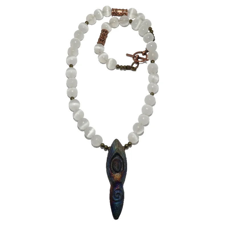 Necklaces and pendants with angel wing motifs for a spiritual, meaningful design-Selenite Necklace Radiant Goddess Raku White Gems