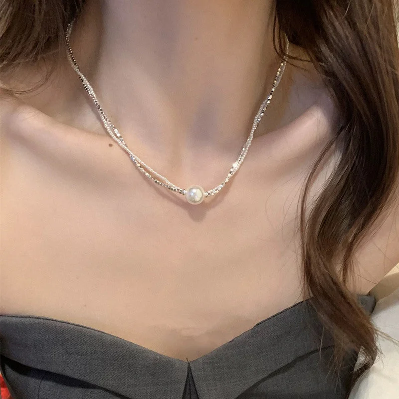 Trendy necklaces and pendants with statement pieces for a bold fashion statement-Shredded silver pearl double necklace choker 800772966486