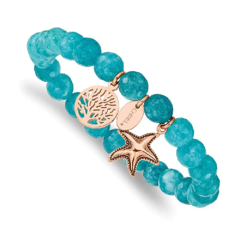 Necklaces and pendants with lotus flower designs for a spiritual, peaceful vibe-Stainless Steel Antiqued & Polished Rose IP Starfish Aqua Dyed Jade Bracele