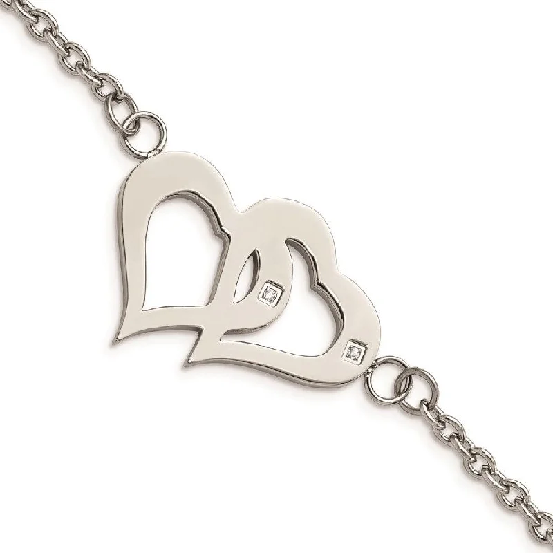 Unique necklaces and pendants with vintage-inspired designs for timeless appeal-Stainless Steel Polished Hearts with CZs 6.5in w/1.25in. ext. Bracelet