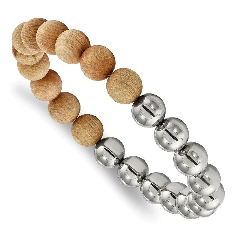 Necklaces and pendants with enamel accents for a colorful, eye-catching appearance-Stainless Steel Polished with Cypress Wood Beads Stretch Bracelet