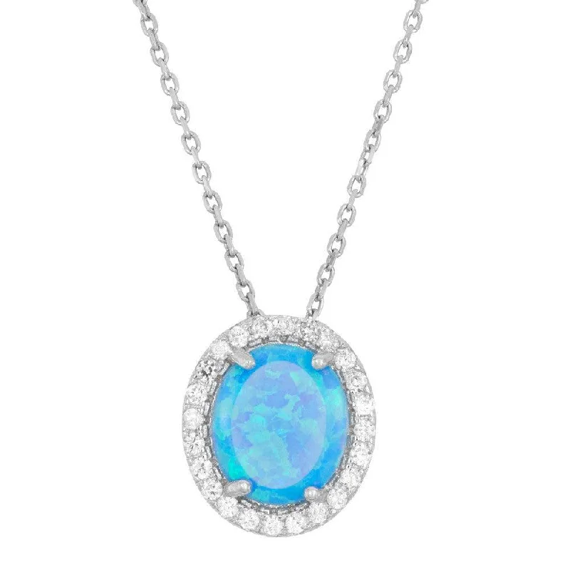 Beautiful necklaces and pendants with gemstone teardrops for an elegant effect-Sterling Silver Blue Inlay Opal Oval CZ Pendant