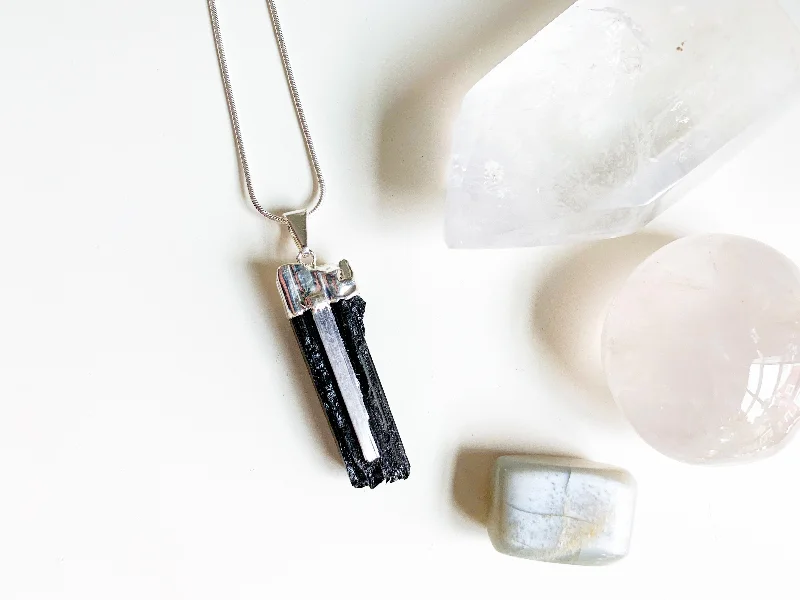 Necklaces and pendants with enamel accents for a colorful, eye-catching appearance-Tourmaline & Selenite Silver Dipped Pendant Necklace