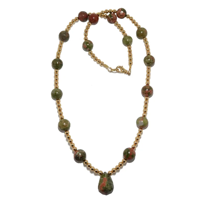 Necklaces and pendants with feather designs for a boho-chic, carefree vibe-Unakite Necklace Dreamer Designer Stone Beaded Brass